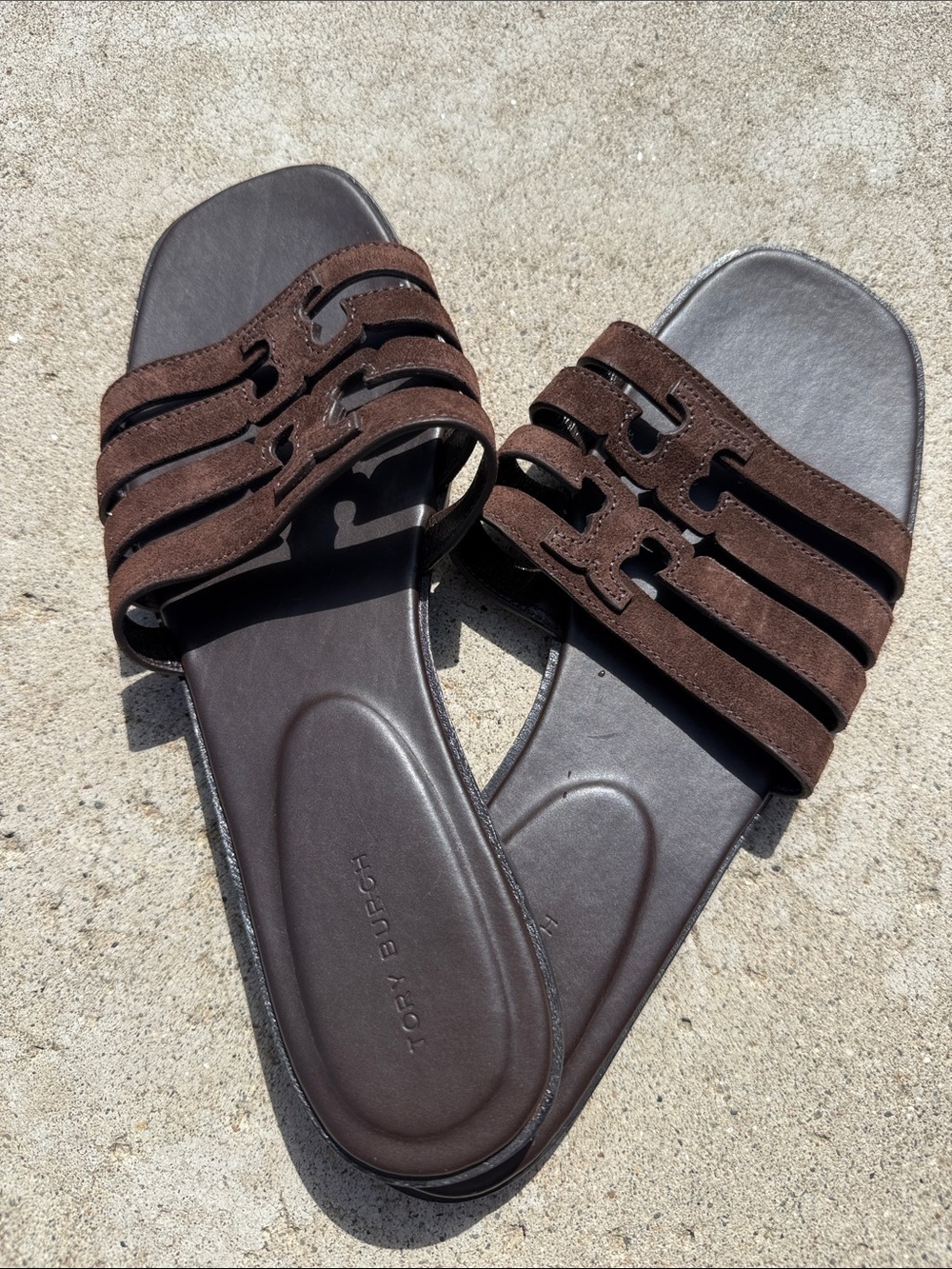 Sophisticated Tory Burch Ines Suede Cage Slide Sandals Dark Cocoa Brown Size 8.5 - Picture 2 of 3